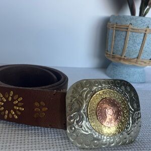 Free People Brown Belt with Silver and Gold Buckle